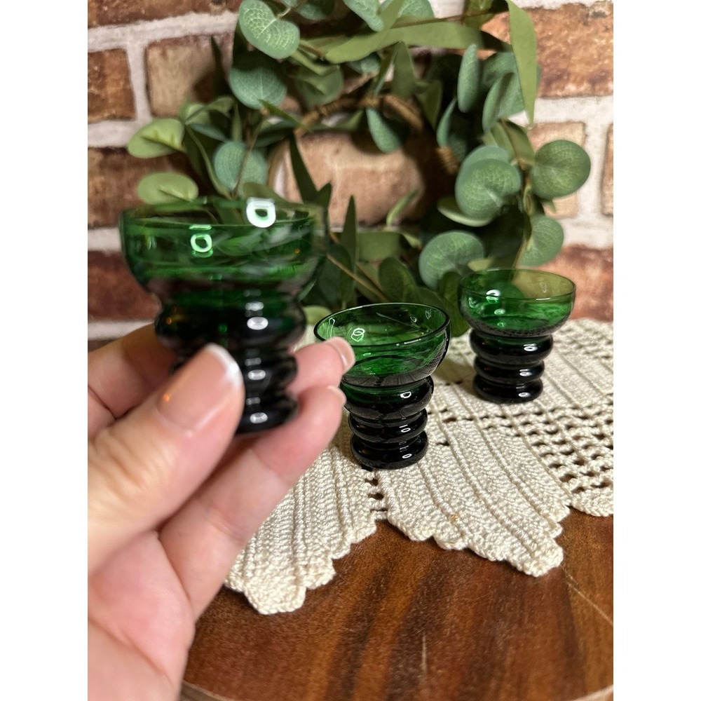 Vintage BP Japan Ribbed & Etched Forest Green Whiskey Sake Shot Glasses Set of 3